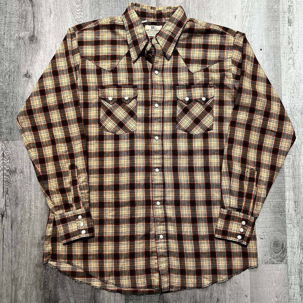 VTG DeeCee Brand Sawtooth Pearl Snap Beige Plaid Western Shirt Men's 16 1/2-35